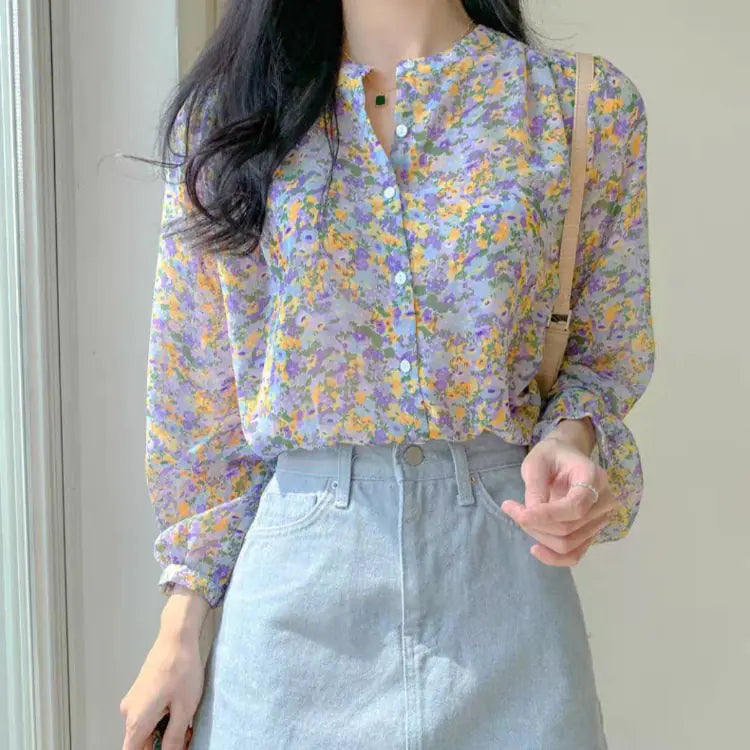 Floral Chiffon Long Sleeve Shirt for Women
