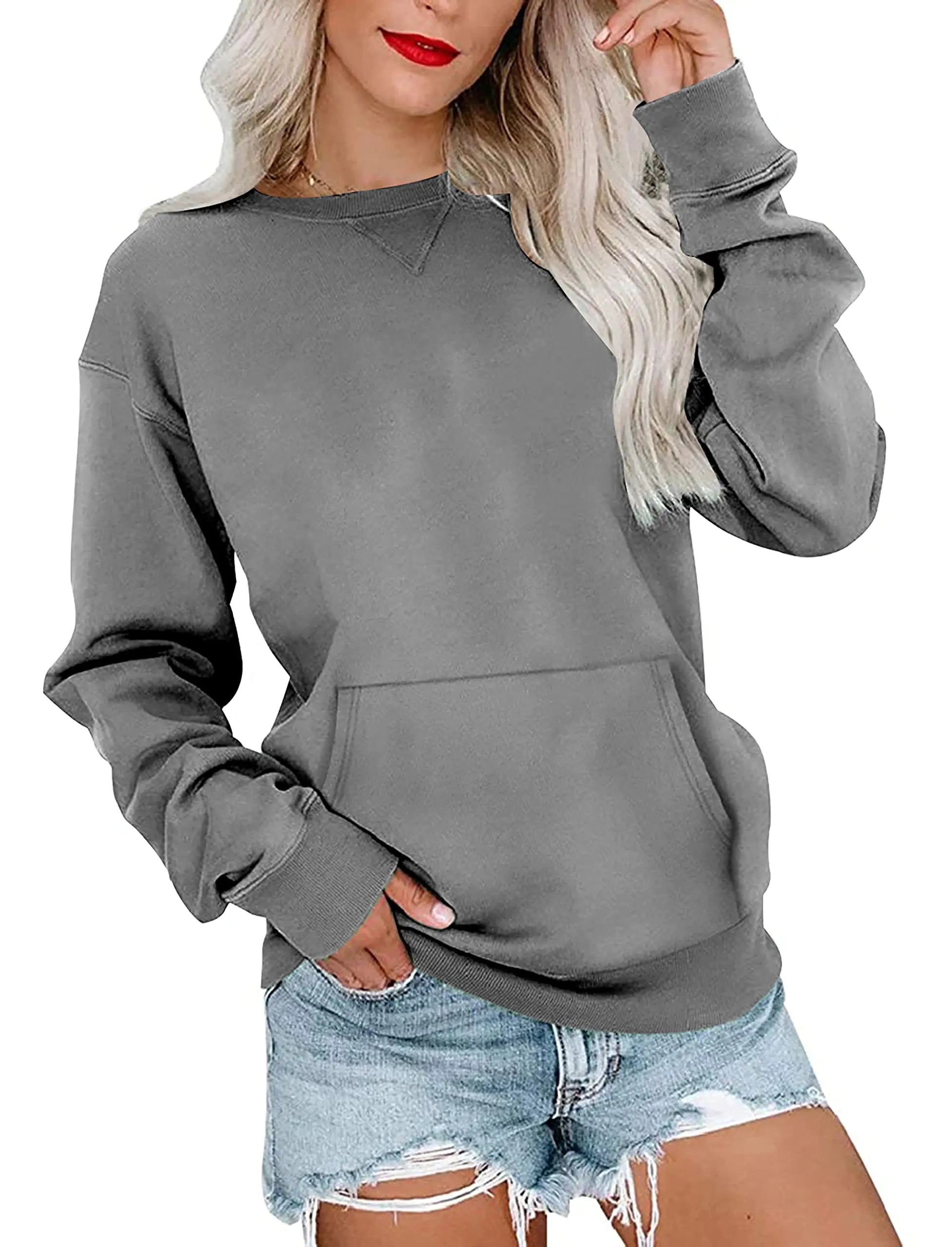 Ovanviso Sweatshirt for Women Long Sleeve Crewneck Sweatshirt Casual Solid Pullover Loose Fit Sweatshirt with Pocket Gray