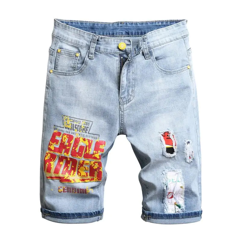 Men's Stretch Denim Embroidered Five-Point Shorts