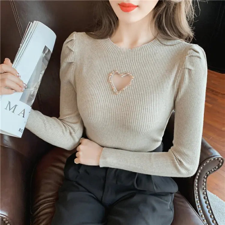 Hollow Heart Beaded Knitted Shirt for Women