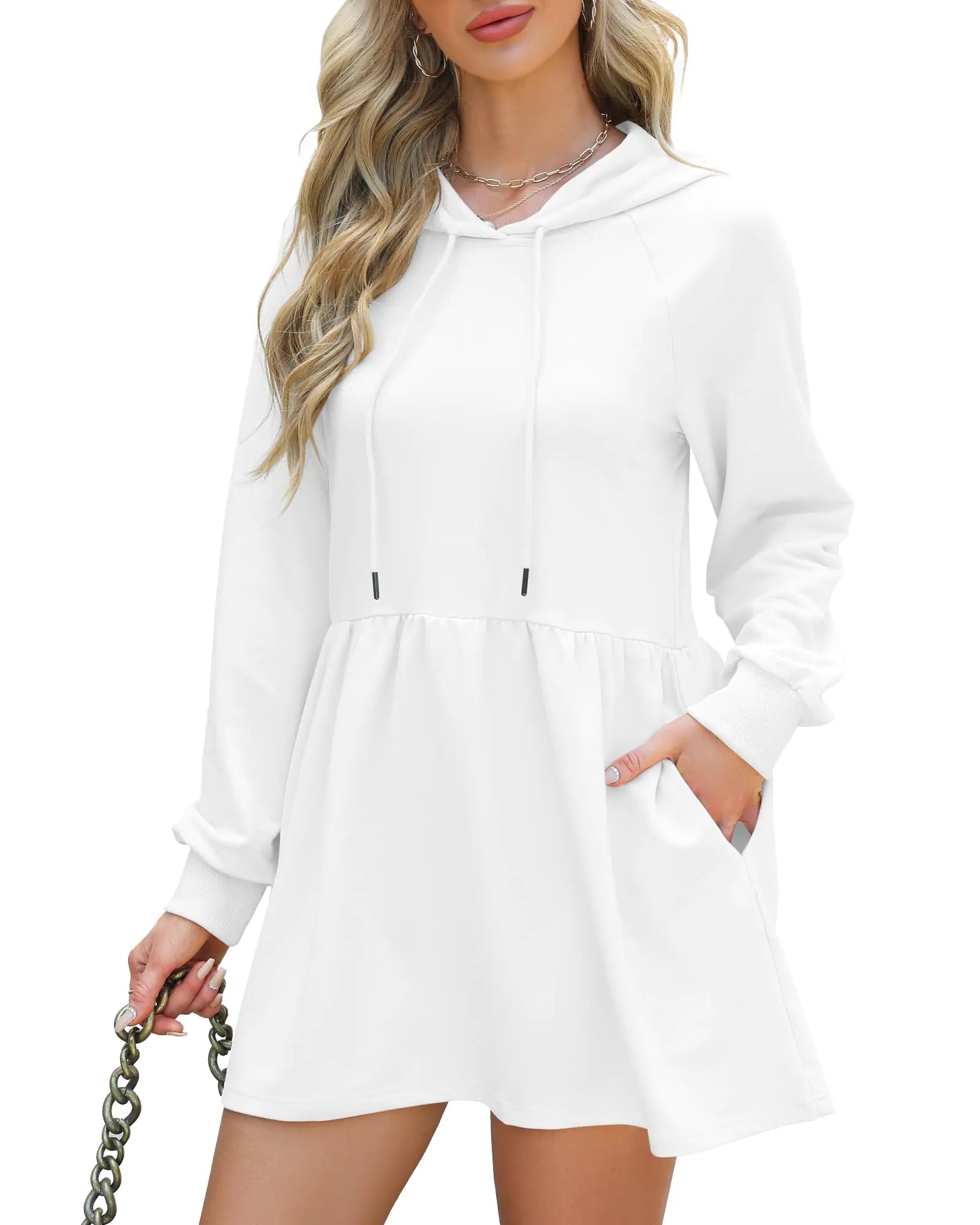 NANYUAYA Women Hoodie Dress Casual Sweatshirt Dress Long Sleeve Pullover Fall Trendy Hooded Dress Sport Dress with Pockets White