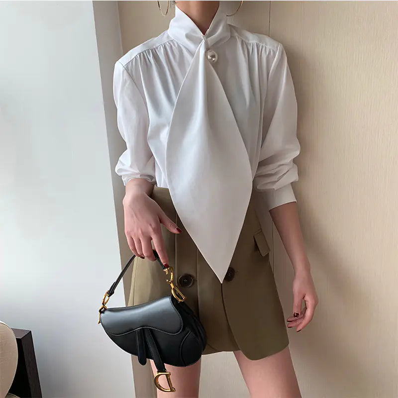 Pearl Scarf Collar White Shirt for Women