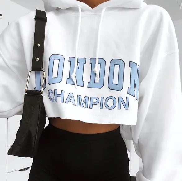 Loose-Fit Lettered Cropped Hoodie for Women