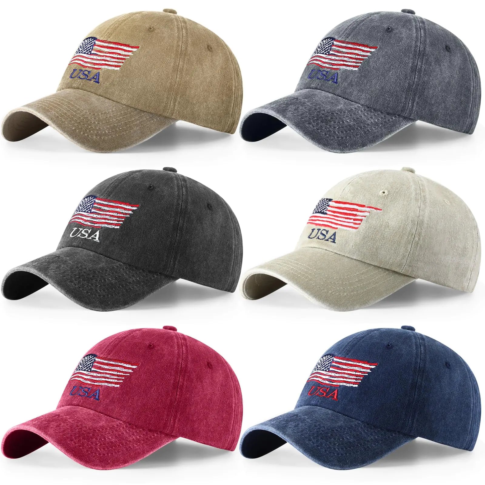 Tarpop 6 Pcs American Flag Baseball Cap USA Ball Cap USA Flag Tactical Cap Adjustable Washed US Flag Cap for Men Women(Vintage ColorNovelty Style)