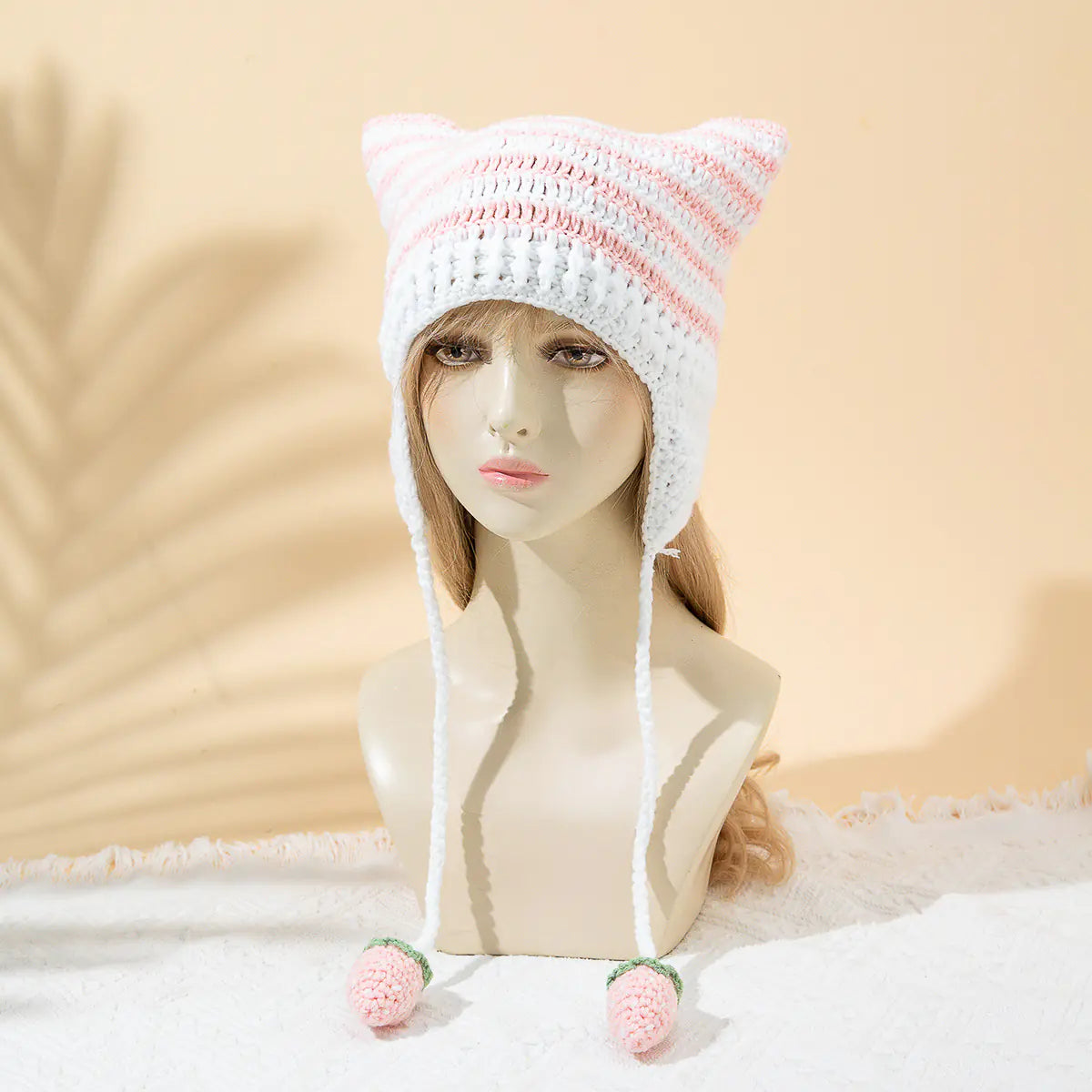 Women's Japanese Striped Knitted Cat Ears Cap
