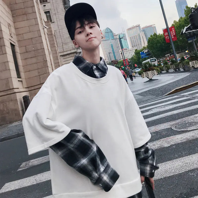 Loose Fit Layered Shirt Collar Hoodie for Trendy Men