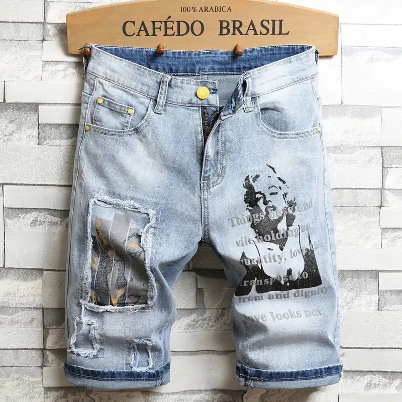 Men's Stretch Denim Embroidered Five-Point Shorts