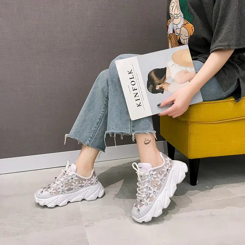 Women's Sneakers with Rhinestones - Casual White Shoes