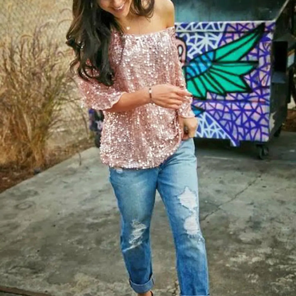 Stylish Sequin Off-Shoulder T-Shirt for Women