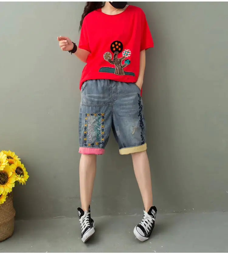 Women's Ethnic Style Embroidered Denim Shorts