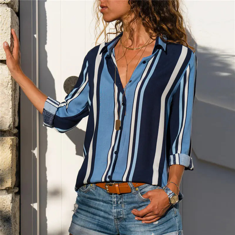Striped Chiffon Long Sleeve Shirt for Women