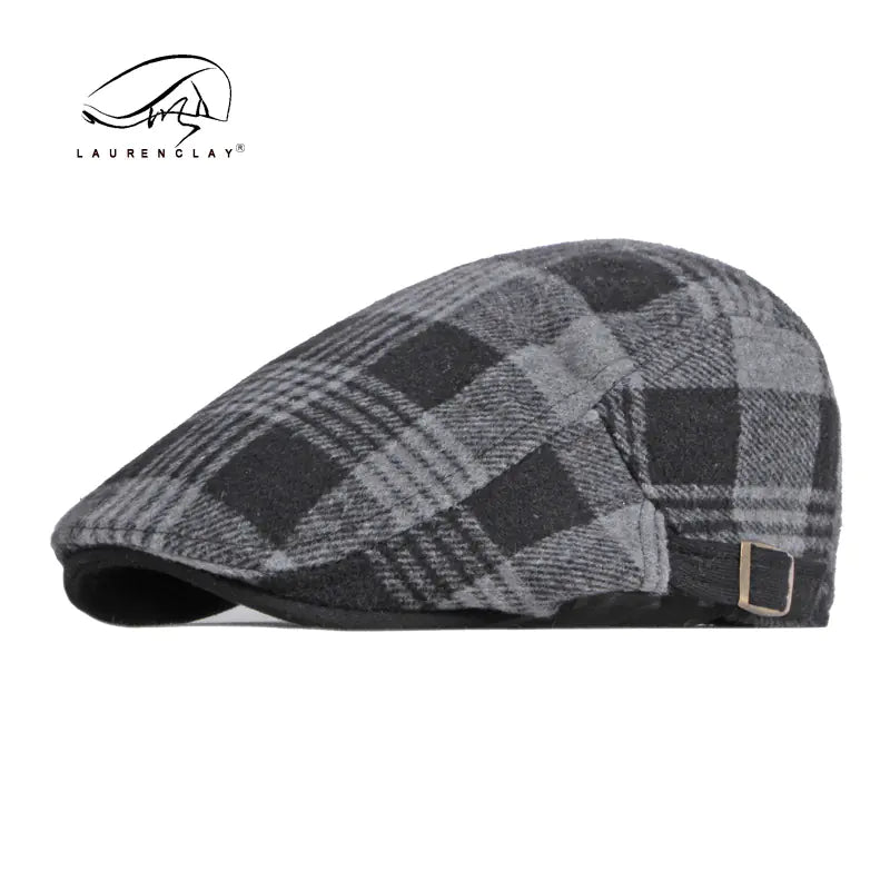Men's Autumn Winter Wool Beret Hat - Stylish Checkered Design