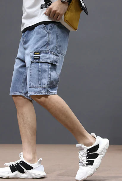 Men's Straight Loose Denim Shorts with Multi-Pockets