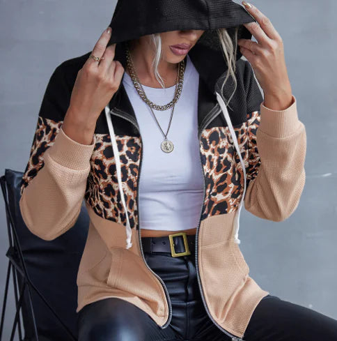 Leopard Print Zipper Hoodie Sweater for Women
