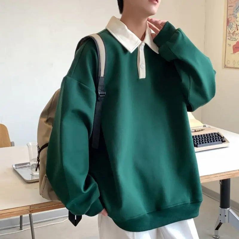 Oversized Autumn Lapel Hoodie for Men in Black/Green