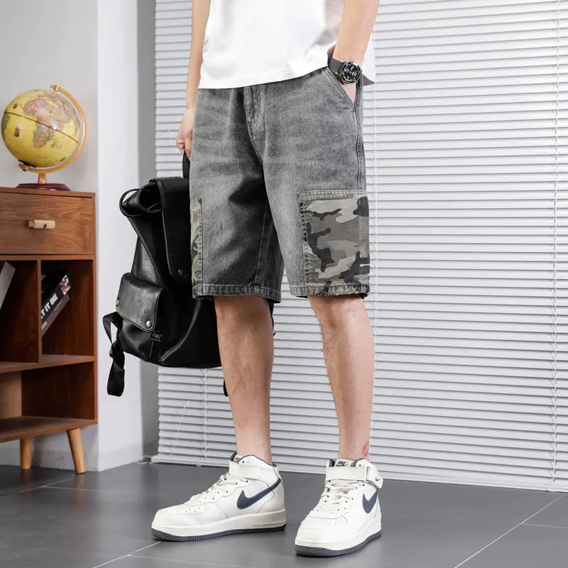 Men's Japanese Camouflage Stitching Denim Overalls Shorts