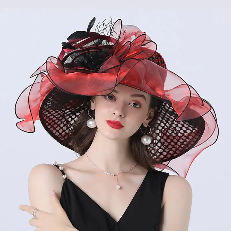 Broad-Brimmed Women's Hat with Mesh Flower Decor