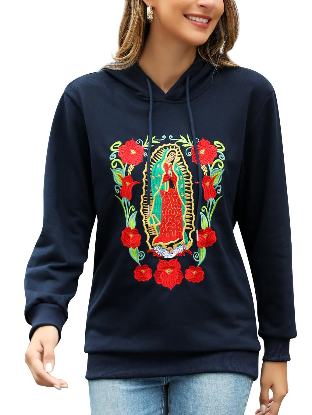 Women Hoodie Virgen de Guadalupe Mexican Our Lady of Guadalupe Embroidered Sweater Catholic Gifts Virgin Mary Maria Ethnic Traditional Christian Cultural Navy