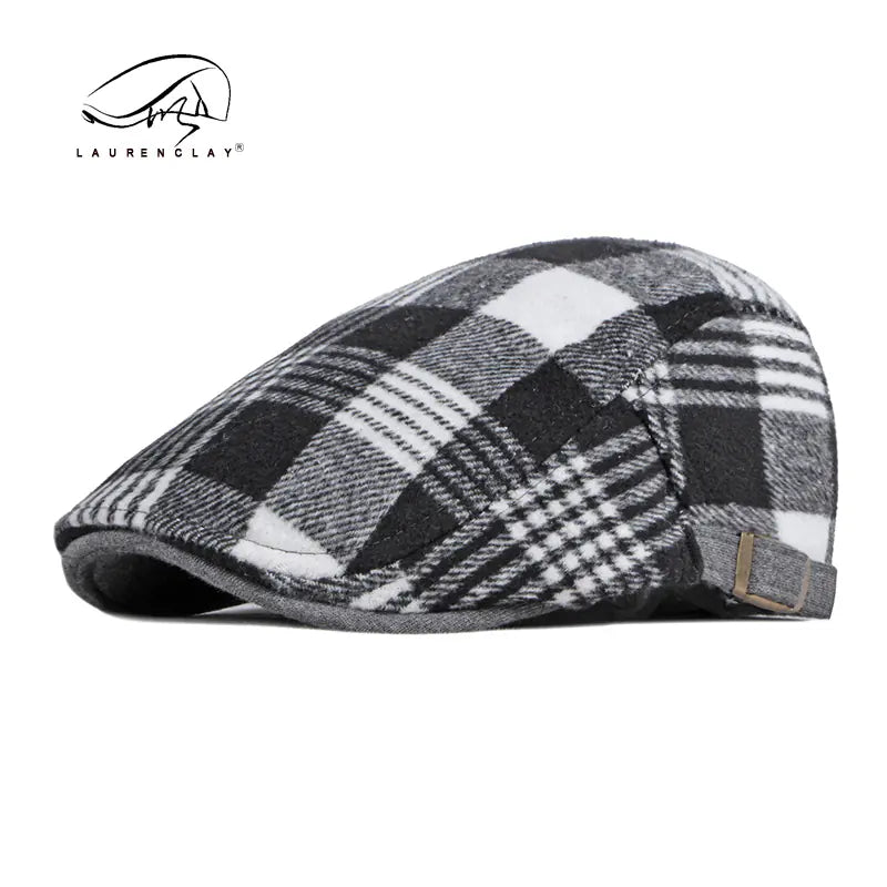 Men's Autumn Winter Wool Beret Hat - Stylish Checkered Design