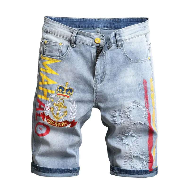 Men's Stretch Denim Embroidered Five-Point Shorts