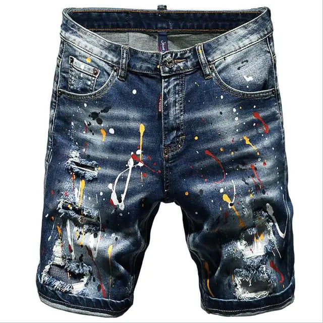 Men's Casual Blue Denim Shorts with Holes