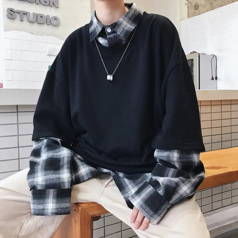 Loose Fit Layered Shirt Collar Hoodie for Trendy Men