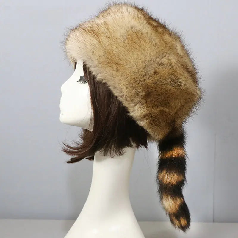 Raccoon Tail Women's Earflaps Warm Cap