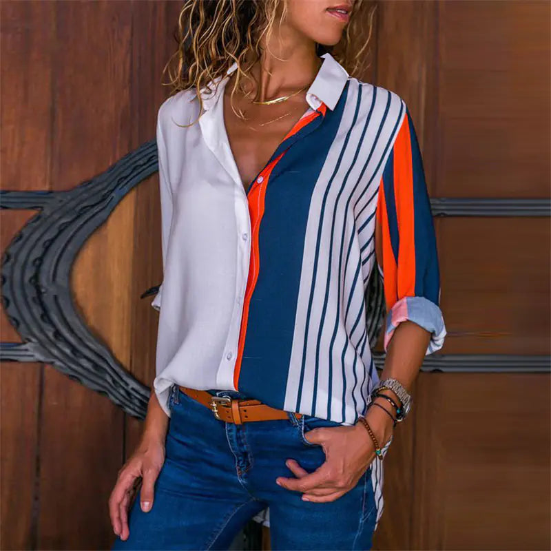 Striped Chiffon Long Sleeve Shirt for Women