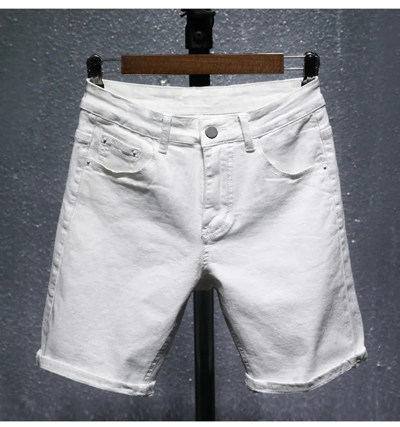 Men's White Summer Ripped Stretch Denim Shorts