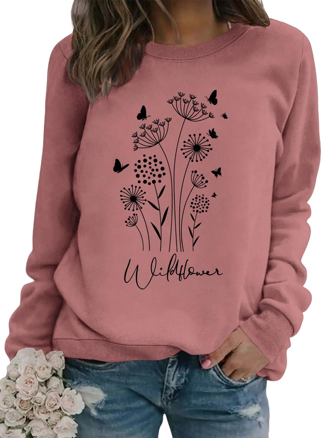 JBF Cloth Wildflower Vintage Sweatshirt Minimalistic Floral Crewneck Sweatshirt Plants Graphic Sweatshirt Womens Pullovers beige l