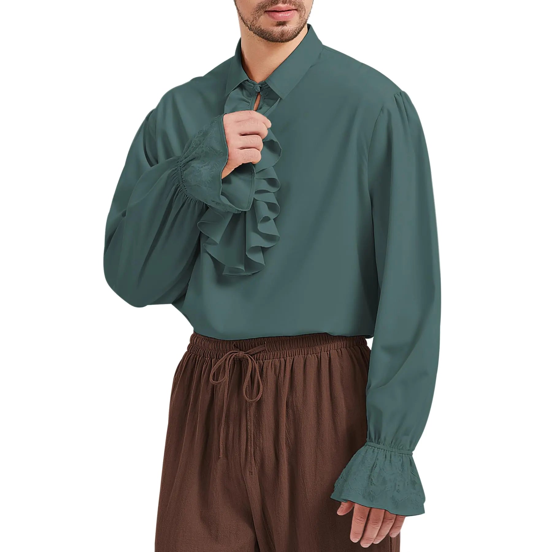 Zando Mens Ruffled Tuxedo Pirate Shirt Medieval Renaissance Faire Costume Men Vampire Shirt Men Steampunk Clothing Gothic Victorian Blouse Poet Shirt Halloween Costume Top Green Pirate Shirt Small