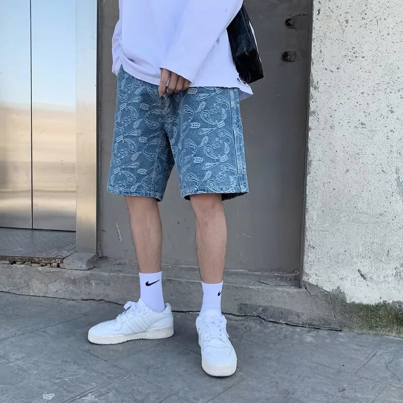 Men's Jacquard Denim Shorts - Trendy Loose Fit Print