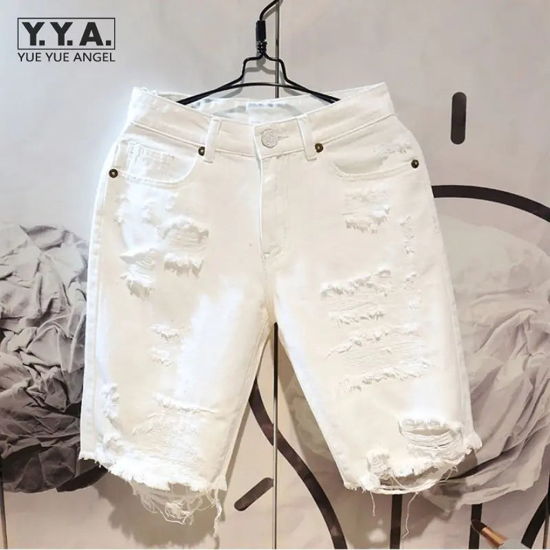 Men's Casual White Ripped Denim Summer Shorts