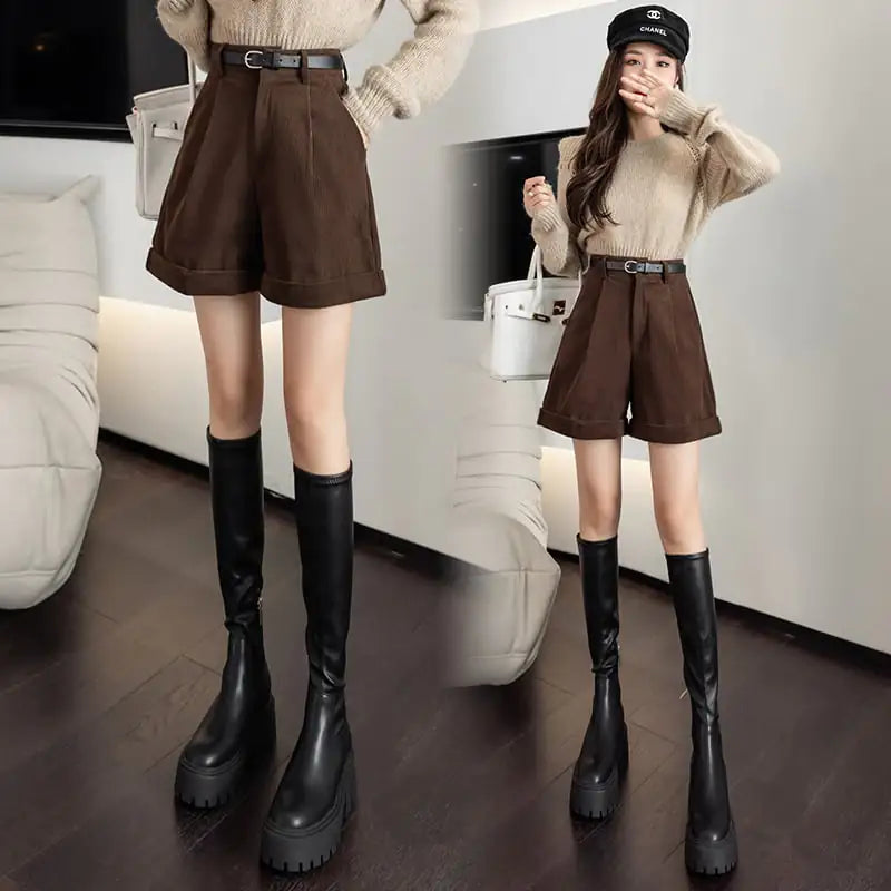 Brown Corduroy Women's Shorts with Martin Boots