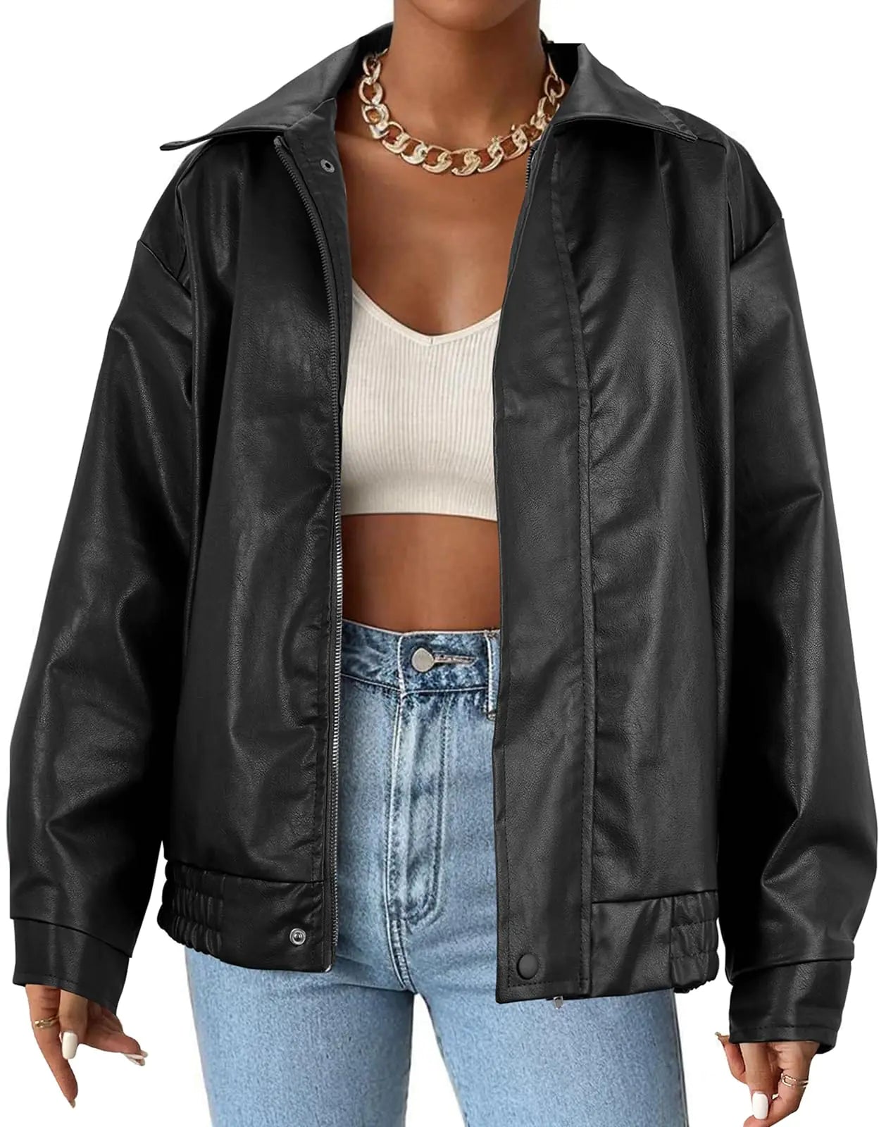 Womens Faux Leather Jacket Black Bomber Vintage Pleather Jacket Oversized Leather Blazer Motorcycle Jacket Biker Jacket Coat Black S