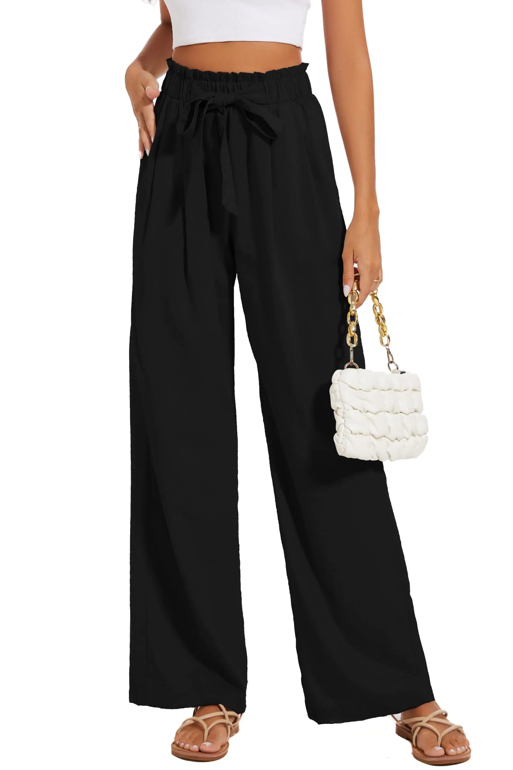 KICZOY Summer Women Pants Elastic Waist Wide Leg Trousers with Pockets Paperbag Beach Pants Black
