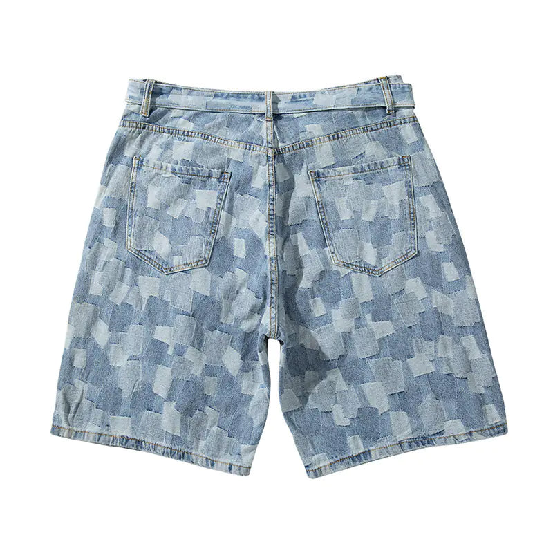 Washed Blue Plaid Loose Denim Shorts for Men