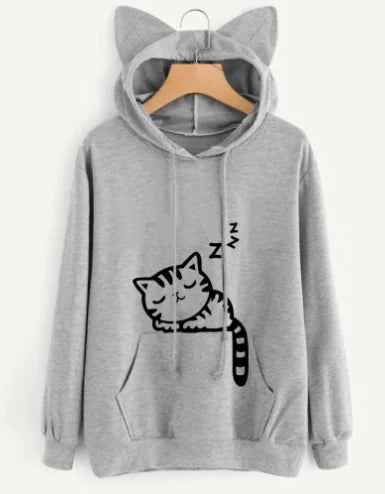 Loose Fleece Printed Cat Hoodie for Women
