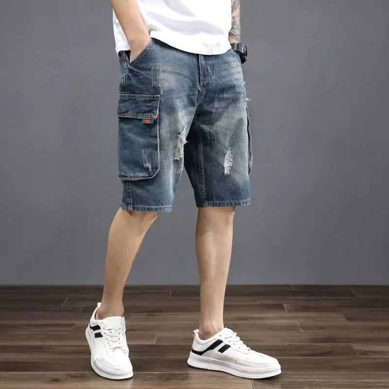 Men's Summer Loose-Fit Cargo Denim Shorts