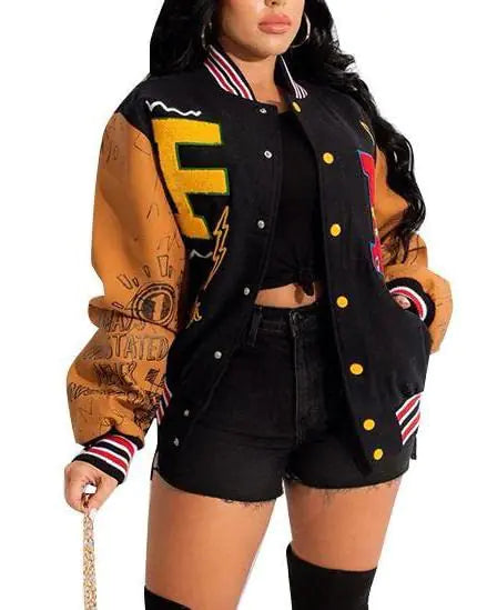 VOIKERDR Varsity Jacket Women Button Print Casual Jacket Spring Lightweight Jacket Sweatshirt Coat 2023