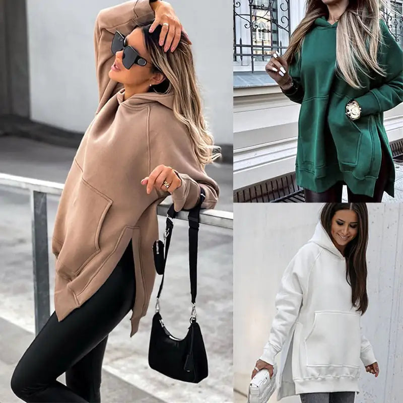 Solid Color Split Hoodie Sweater for Women