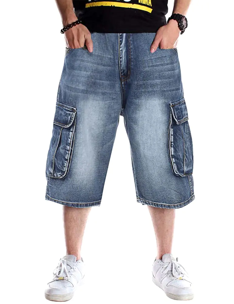IDEALSANXUN Mens Summer Casual Plus Size Loose Fit Jeans Denim Shorts (Indigo/Cargo 44)