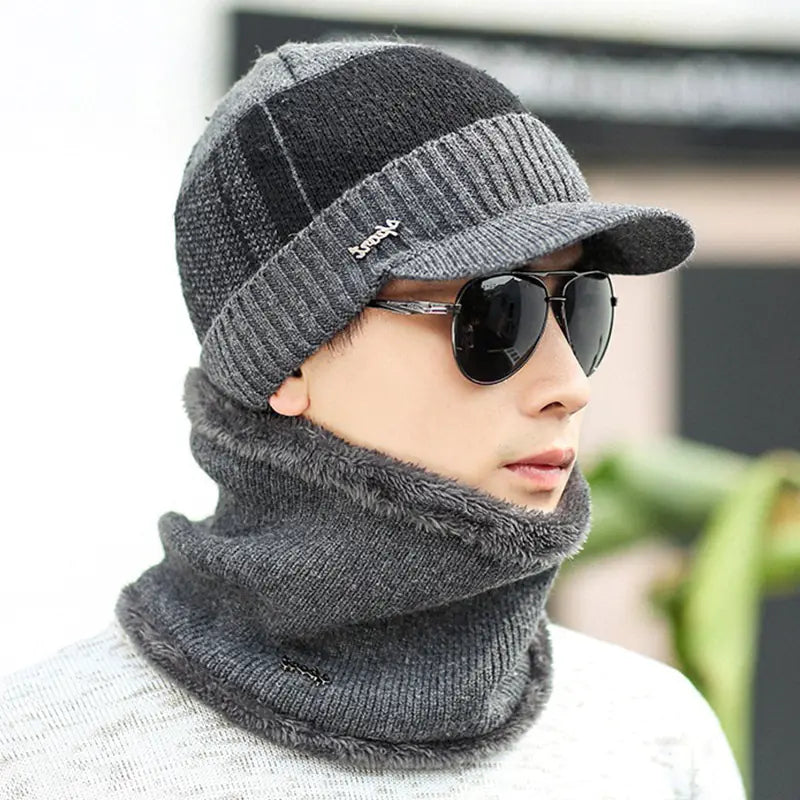Men's Winter Knit Earflap Cap with Neck Warmer