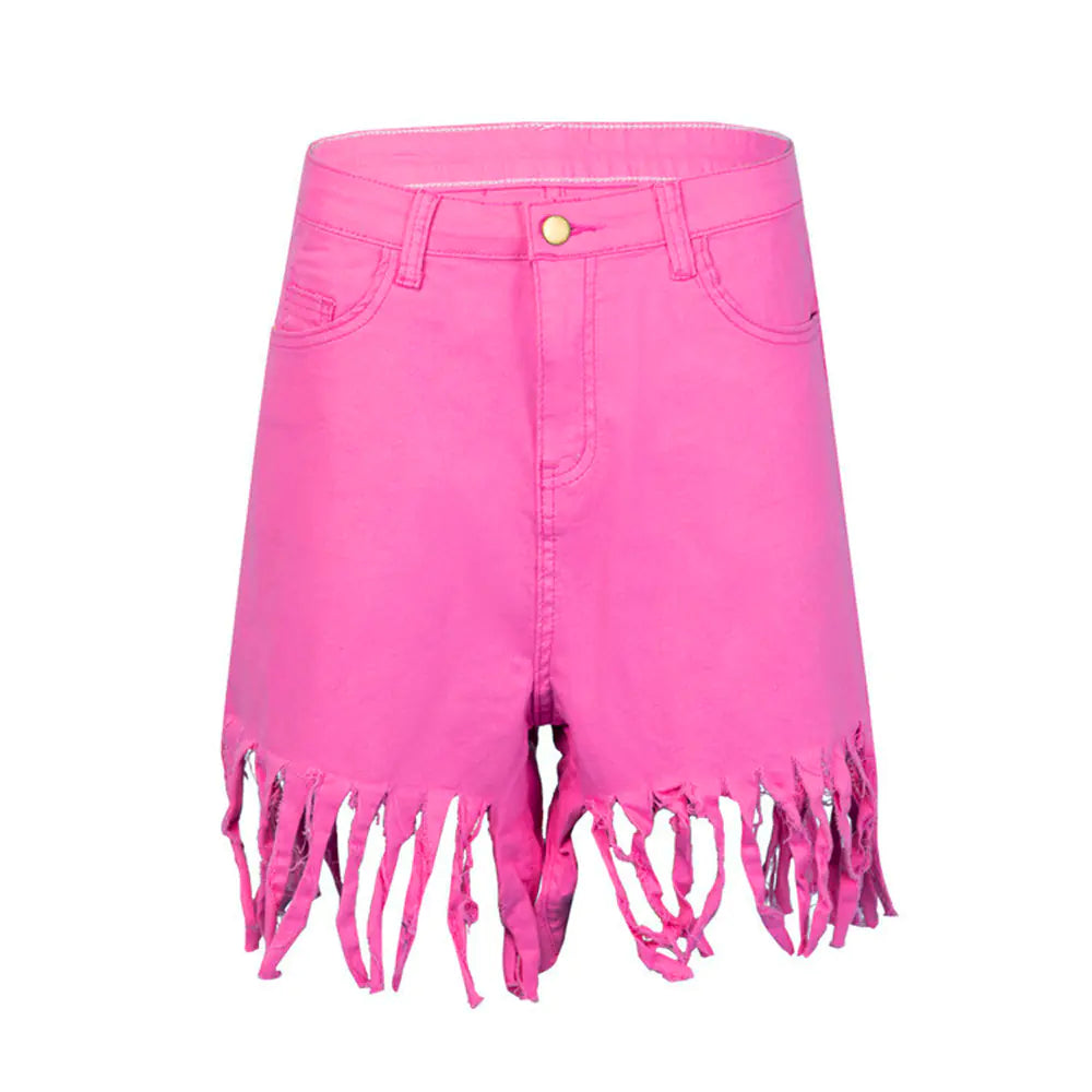 Fringed Women's Denim Shorts - Casual Straight-Leg Pants
