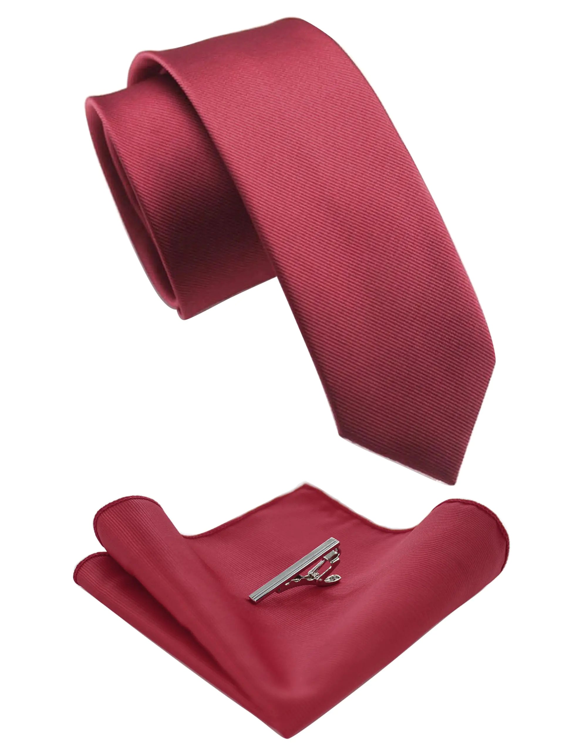 JEMYGINS 2.4" Crimson Skinny Tie and Pocket Square with Tie Clip Sets for Men (37)