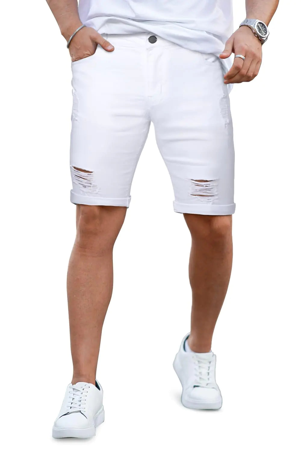 GINGTTO Mens White Shorts Casual Denim Ripped Jean Shorts Men Slim Fit Summer 28