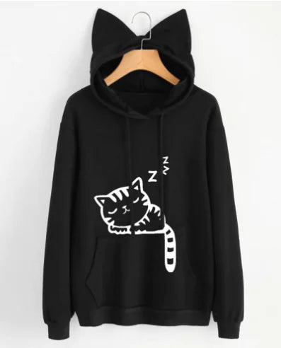 Loose Fleece Printed Cat Hoodie for Women