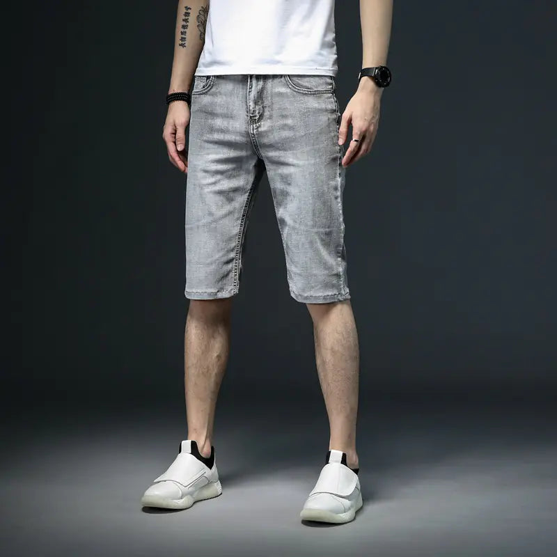 Men's Thin Denim Shorts with Oblique Slot Pockets