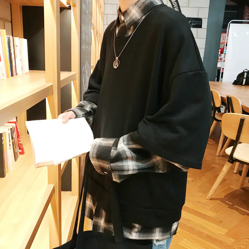 Loose Fit Layered Shirt Collar Hoodie for Trendy Men