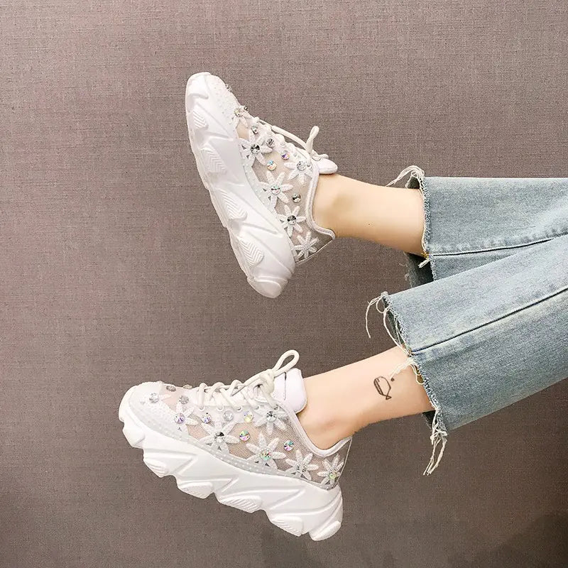 Women's Sneakers with Rhinestones - Casual White Shoes